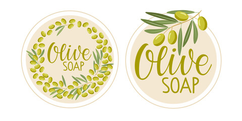 Olive soap label set with olive branch sketch. Circle tag, stamps, tags for olive oil, soap, cosmetics, spa salon. Olive Branch Vector flat Illustration for home made natural organic product shop