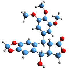 3D image of Podophyllotoxin skeletal formula - molecular chemical structure of nonalkaloid toxin antimitotic isolated on white background