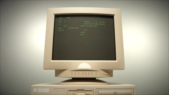 Retro pc with loading code console, programmer making scripts, green basic screen, Old computer studio close-up, Desktop vintage retro wave display, late 90s PC.