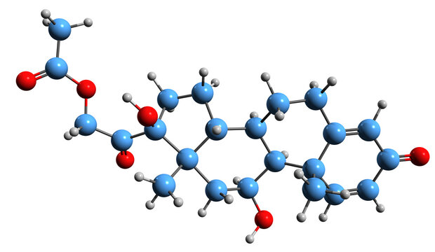 3D image of Prednisolone acetate skeletal formula - molecular chemical structure of  synthetic glucocorticoid corticosteroid isolated on white background