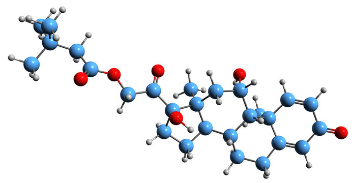 3D image of Prednisolone tebutate skeletal formula - molecular chemical structure of  synthetic glucocorticoid corticosteroid isolated on white background
