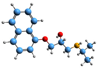  3D image of Propranolol skeletal formula - molecular chemical structure of beta blocker medication isolated on white background
