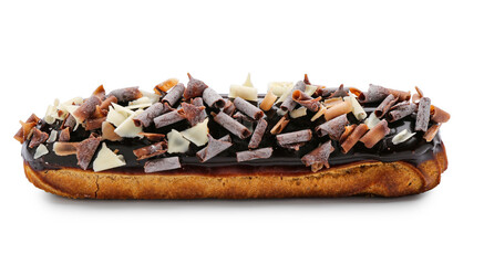 Delicious chocolate eclair on white background