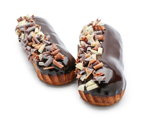 Naklejka premium Sweet chocolate eclairs on white background