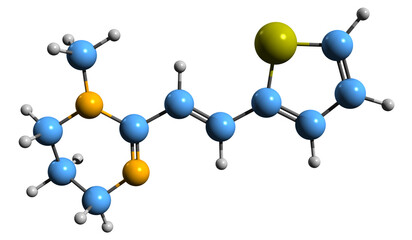  3D image of Pyrantel skeletal formula - molecular chemical structure of antihelminthic medication isolated on white background