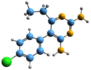 Obraz premium 3D image of Pyrimethamine skeletal formula - molecular chemical structure of anti-parasitic medication isolated on white background 