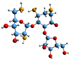  3D image of Ribostamycin skeletal formula - molecular chemical structure of aminoglycoside-aminocyclitol antibiotic isolated on white background