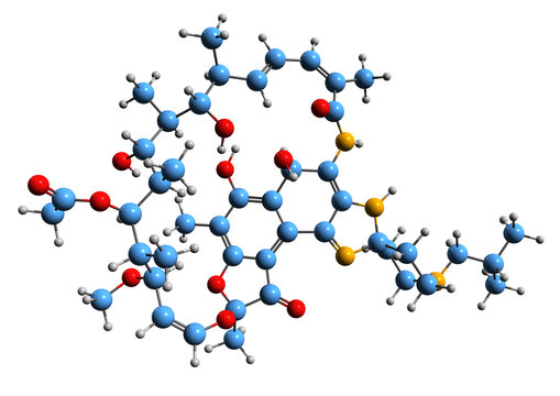  3D image of Rifabutin skeletal formula - molecular chemical structure of antimycobacterial medication isolated on white background
