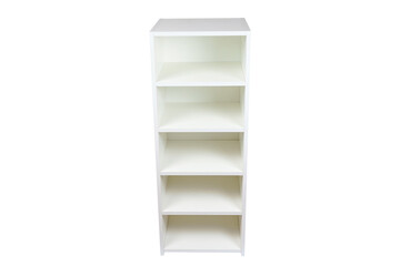 Rack with shelves on a white isolated background. Furniture made of white laminated chipboard.