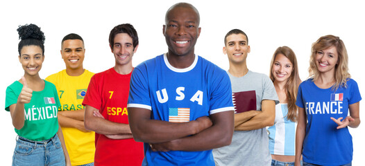 Handsome soccer fan from USA with supporters from Spain Brazil Mexico Qatar Argentina and France
