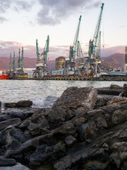 Fototapeta premium Port area. Cranes for ships. The atmosphere of a cargo seaport. Marine urban landscape.