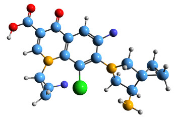  3D image of Sitafloxacin skeletal formula - molecular chemical structure of  fluoroquinolone antibiotic isolated on white background
