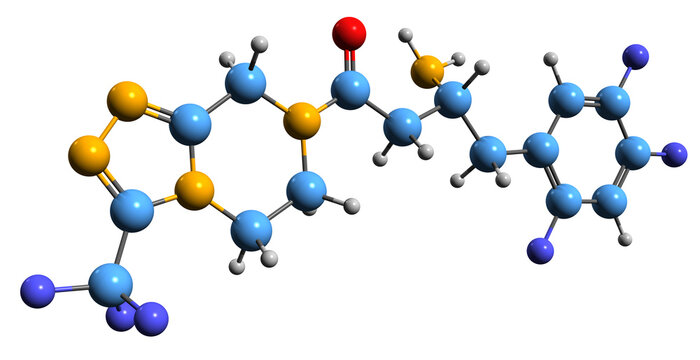 3D image of Sitagliptin skeletal formula - molecular chemical structure of anti-diabetic medication isolated on white background