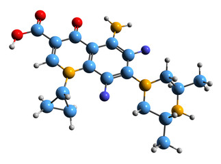 3D image of Sparfloxacin skeletal formula - molecular chemical structure of fluoroquinolone antibiotic isolated on white background