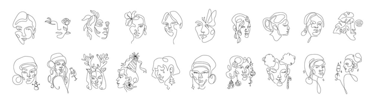 New Year women line faces with different Christmas toys. Modern abstract line minimalistic women faces arts postcard or brochure cover design. Different woman faces. Vector illustrations design