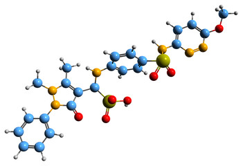  3D image of Sulfamazone skeletal formula - molecular chemical structure of sulfonamide antibiotic isolated on white background