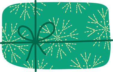 Cute green box with padlock and bow. Tied with ribbon. Snowflake pattern, snow. Traditional symbol of New Year and Christmas. Design for stickers, cards, templates, banners, social media posts. 