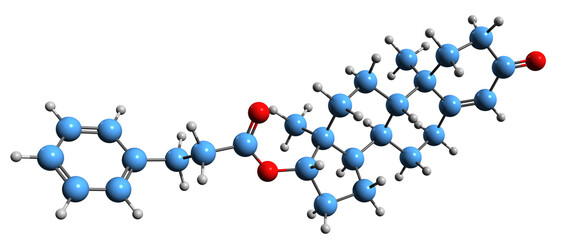  3D image of Testosterone phenylpropionate skeletal formula - molecular chemical structure of  testosterone phenpropionate isolated on white background