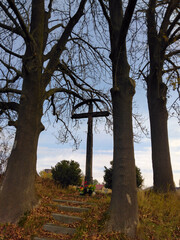 Fototapeta na wymiar przydrożny krzyż na wsi w drzewach