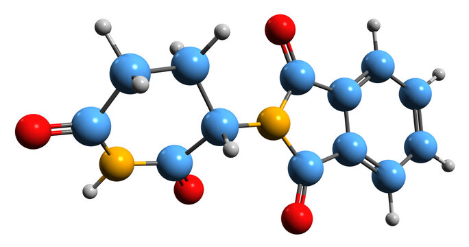 3D image of Thalidomide skeletal formula - molecular chemical structure of  immunomodulatory medication isolated on white background