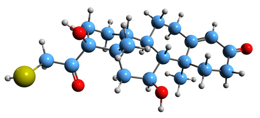  3D image of Tixocortol skeletal formula - molecular chemical structure of  corticosteroid isolated on white background