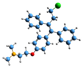 3D image of Toremifene skeletal formula - molecular chemical structure of  selective estrogen receptor modulator isolated on white background