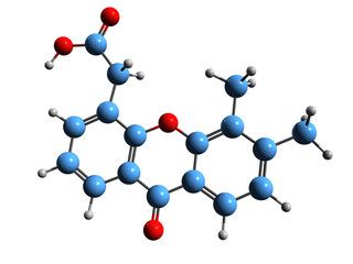 3D image of Vadimezan skeletal formula - molecular chemical structure of tumor-vascular disrupting agent dimethylxanthone acetic acid isolated on white background