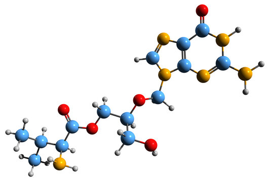  3D image of Valganciclovir skeletal formula - molecular chemical structure of antiviral medication isolated on white background