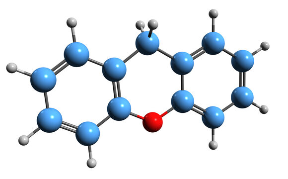 3D image of Xanthene skeletal formula - molecular chemical structure of 10H-9-oxaanthracene isolated on white background