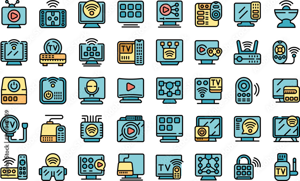 Aufkleber smart tv box icons set outline vector. remote cable. controller device color flat isolated