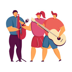 Concert vector illustration. Diverse band of teenage musicians playing instruments, children singing on stage. For talent show, musical festival, school party concept