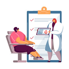 Cartoon doctor examining patient before blood donation. Flat vector illustration. Medical workers, nurse and donor preparing to blood transfusion. Medicine, blood donating, health concept