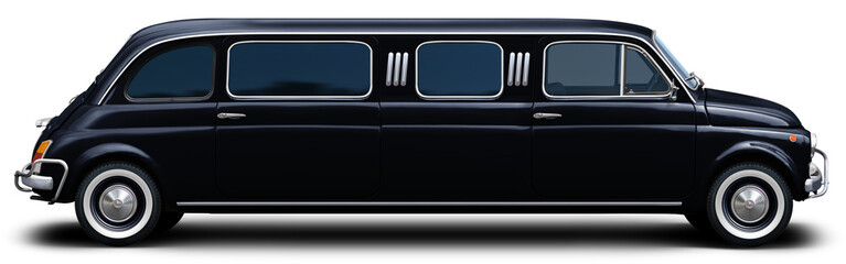 A limousine based on a small classic European car in full black. Side view on isolated on transparent background.

