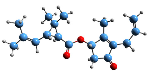 3D image of Allethrin skeletal formula - molecular chemical structure of pyrethroid insecticide isolated on white background