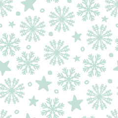 Blue snowflakes, stars and dots Christmas seamless pattern 