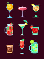 Alcohol cocktails cartoon illustration set. Glass of martini or gin with strawberry, orange and lemon. Whiskey, champagne, rum, tequila for restaurant or bar menu. Alcohol drinks, beverage concept