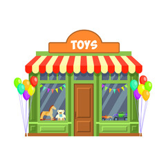 Toys store front view vector illustration. Traditional children toys shop building. Small business, retail concept