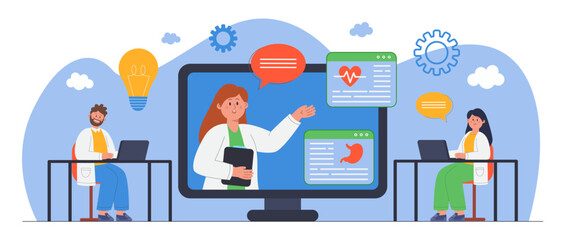 Doctors watching online medical webinar flat vector illustration. Young professionals attending virtual class, having video conference, gaining knowledge. Education, healthcare, medicine concept