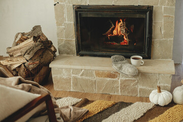 Stylish cup of warm tea and cozy socks on background of burning fireplace close up, autumn winter...