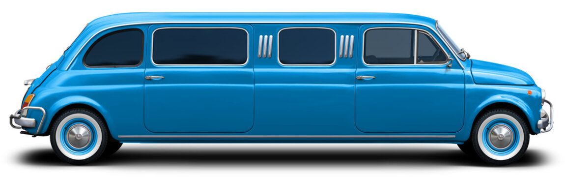 A Limousine Based On A Small Classic European Car In Full Blue. Side View On Isolated On Transparent Background.