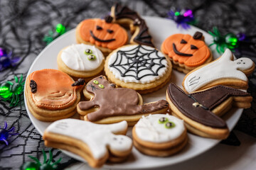 halloween dessert sweet baked trick or treat cookies, cake, bisquits shaped pumpkin, ghost, with,  - 541068623