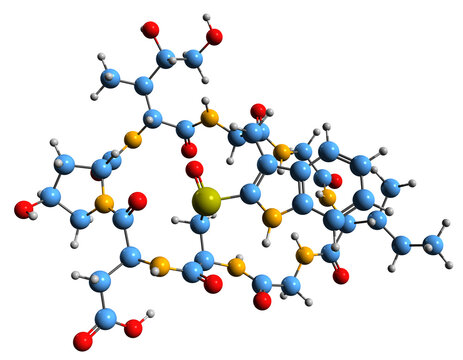  3D image of  skeletal formula - molecular chemical structure of  cyclic peptide amatoxin isolated on white background