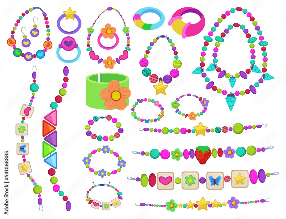 Wall mural beaded bracelets and necklaces for kids vector illustrations set. collection of cute bracelets and n