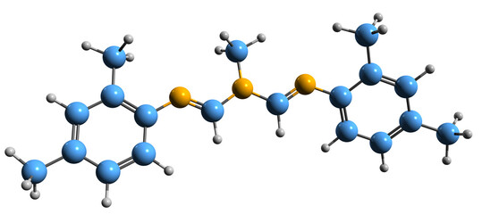 3D image of Amitraz skeletal formula - molecular chemical structure of non-systemic acaricide and insecticide isolated on white background