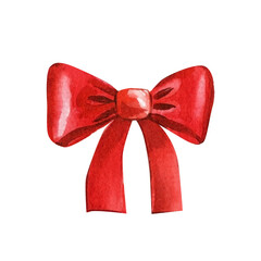 Red bow on isolated white background, watercolor illustration.