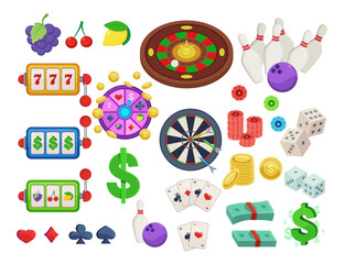 Different casino elements vector illustrations set. Cartoon doodles of items for poker, bowling, slot machine, darts, ace cards, money isolated on white background. Entertainment, gambling concept