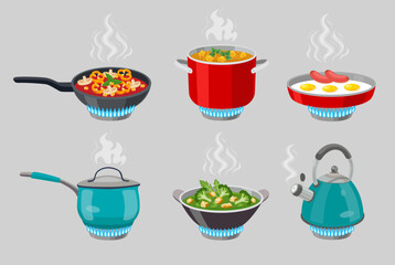 Cooking pots and pans on gas stove cartoon illustration set. Boiling water in kettle, frying dishes on fire. Saucepan with hot soup or pasta on electric stove. Kitchenware concept