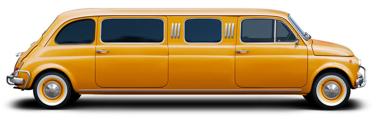 A limousine based on a small classic European car in full yellow. Side view on isolated on transparent background.