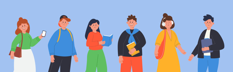 Fototapeta premium Group of happy students flat vector illustration. Teenagers listening to music, reading books, using mobile phones. Girls and boys getting ready for school or university. Youth, study concept
