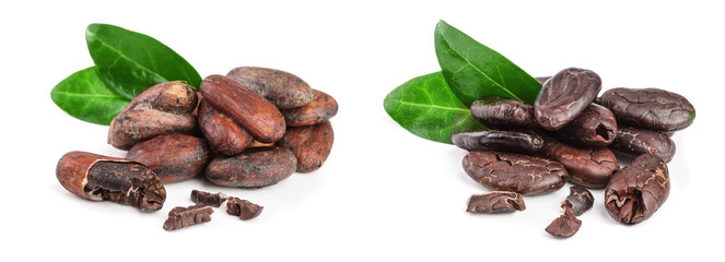 unpeeled cocoa bean with leaf isolated on white background
